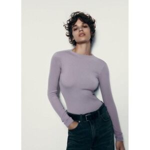 Zara Ribbed Bodysuit Mock Neck Long Sleeve Lavender Purple XS Small‎ NWT